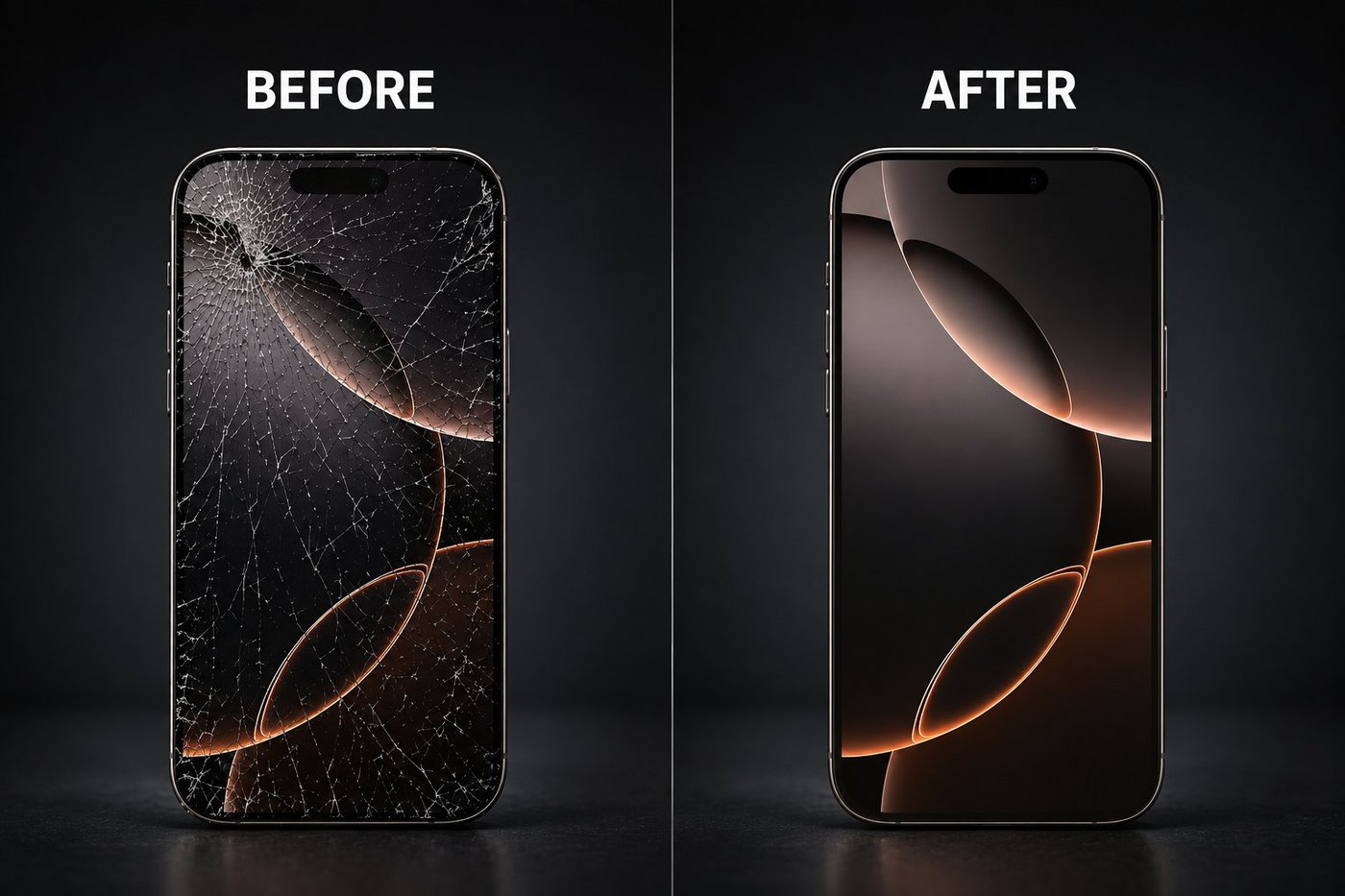 iPhone cracked screen before and after repair at GadgetWorx